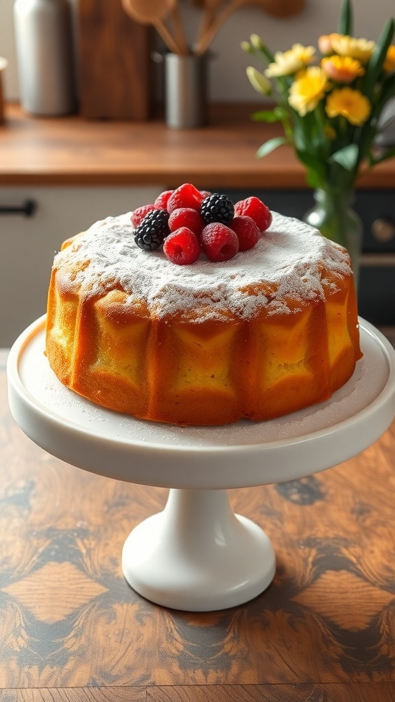 A fluffy two-egg cake topped with powdered sugar and fresh berries on a rustic table.